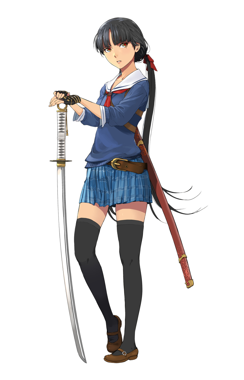 1girl belt black_hair black_legwear blue_skirt brown_footwear enami_katsumi full_body hands_together highres holding holding_sword holding_weapon katana long_hair long_sleeves mary_janes official_art oneechanbara parted_lips plaid plaid_skirt pleated_skirt ponytail saki_(oneechanbara) scabbard school_uniform sheath shoes simple_background skirt solo standing sword thighhighs very_long_hair weapon white_background