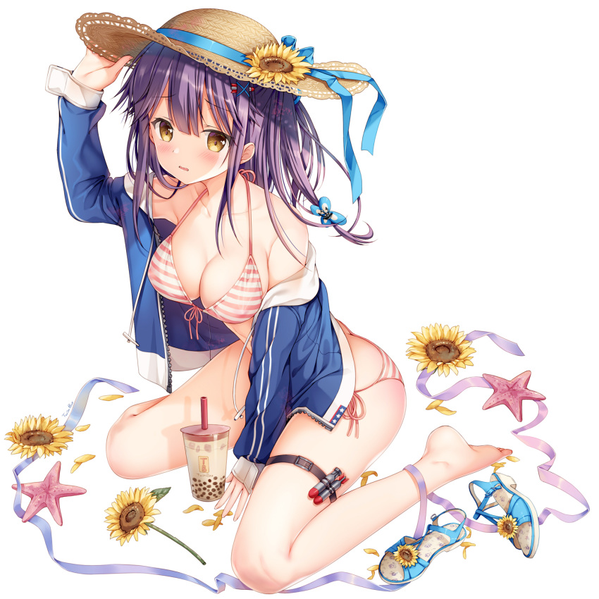 1girl azur_lane bangs bare_legs bare_shoulders barefoot between_legs bikini blue_jacket blush breasts bubble_tea cleavage collarbone cup disposable_cup drawstring drinking_straw flower front-tie_bikini front-tie_top hair_ornament hairclip halterneck hand_on_headwear hand_up hat hat_flower hat_ribbon highres jacket medium_breasts mullany_(azur_lane) off_shoulder open_clothes open_jacket open_mouth pink_bikini purple_hair ribbon sandals sandals_removed side-tie_bikini sidelocks simple_background sitting sleeves_past_wrists solo sousouman starfish straw_hat striped striped_bikini sunflower swimsuit thigh_strap thighs wariza white_background