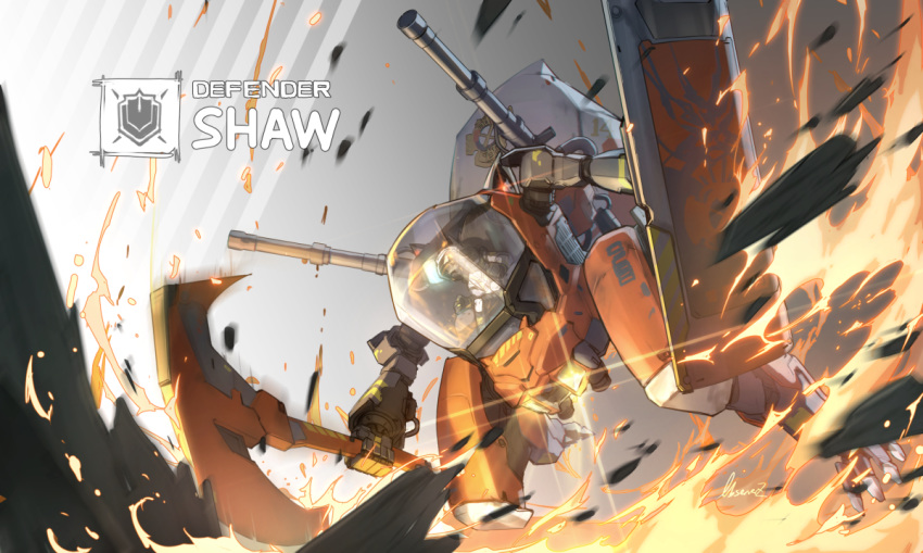 1girl animal_ears_helmet arknights axe character_name dutch_angle facing_viewer fire gloves mecha motion_blur observerz shaw_(arknights) shield solo