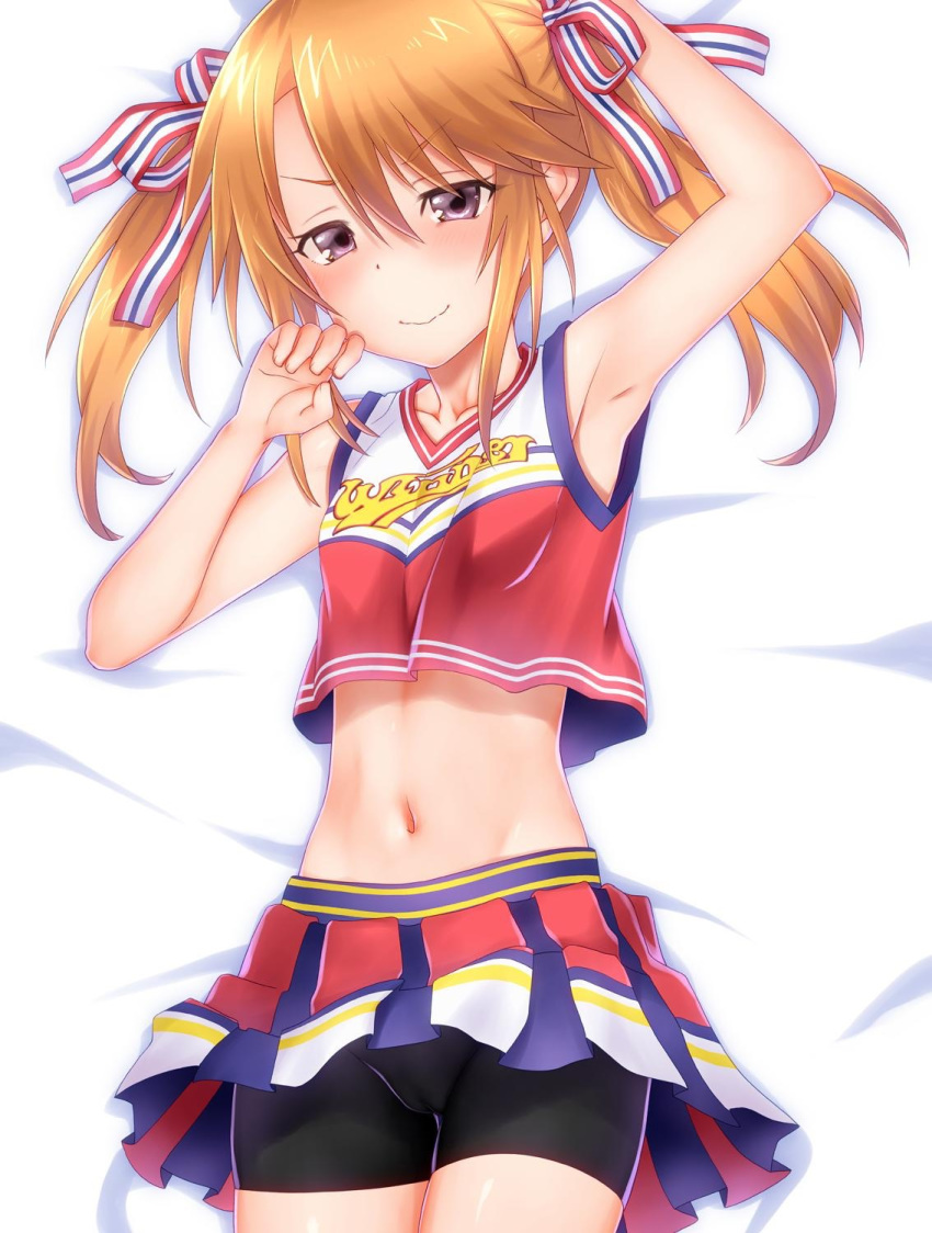 1girl arm_up armpits bangs bike_shorts black_shorts blush breasts brown_eyes cheerleader closed_mouth clothes_writing collarbone crop_top crop_top_overhang dakimakura hair_between_eyes hair_ribbon highres idolmaster idolmaster_cinderella_girls looking_at_viewer lying medium_hair midriff navel okina_ika on_back orange_hair pleated_skirt ribbon shorts sidelocks skirt small_breasts smile solo striped striped_ribbon thighs twintails yuuki_haru