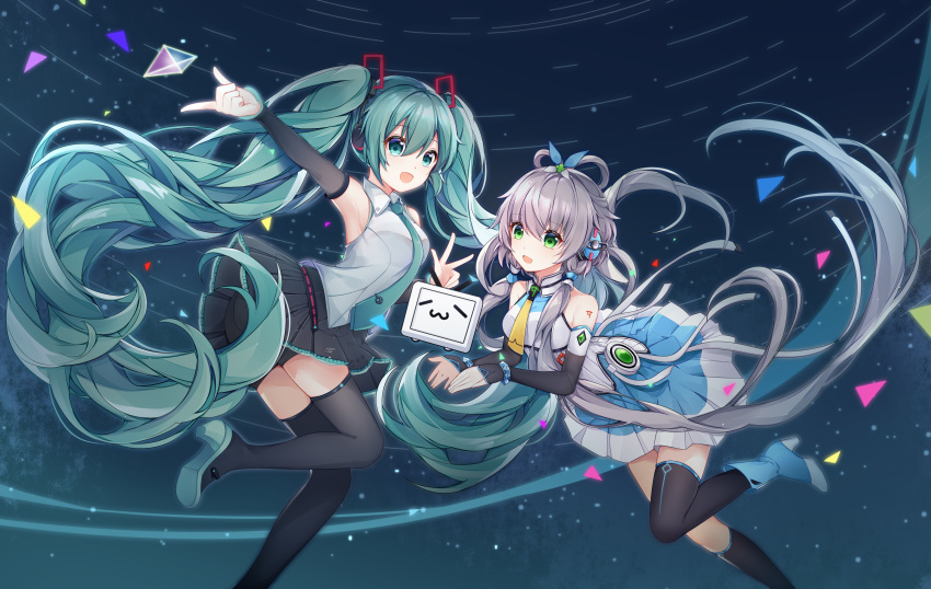 2girls :3 absurdres aqua_eyes aqua_hair aqua_neckwear bare_shoulders bilibili_douga black_legwear black_skirt commentary detached_sleeves drsn green_eyes hair_ornament hatsune_miku headphones highres holding index_finger_raised leg_up long_hair luo_tianyi multiple_girls necktie outstretched_arm shirt short_hair_with_long_locks shoulder_tattoo sidelocks silver_hair skirt sky sleeveless sleeveless_shirt star_(sky) starry_sky tattoo tetrahedron thighhighs time_lapse triangle twintails very_long_hair vocaloid w wristband xiao_dianshi zettai_ryouiki