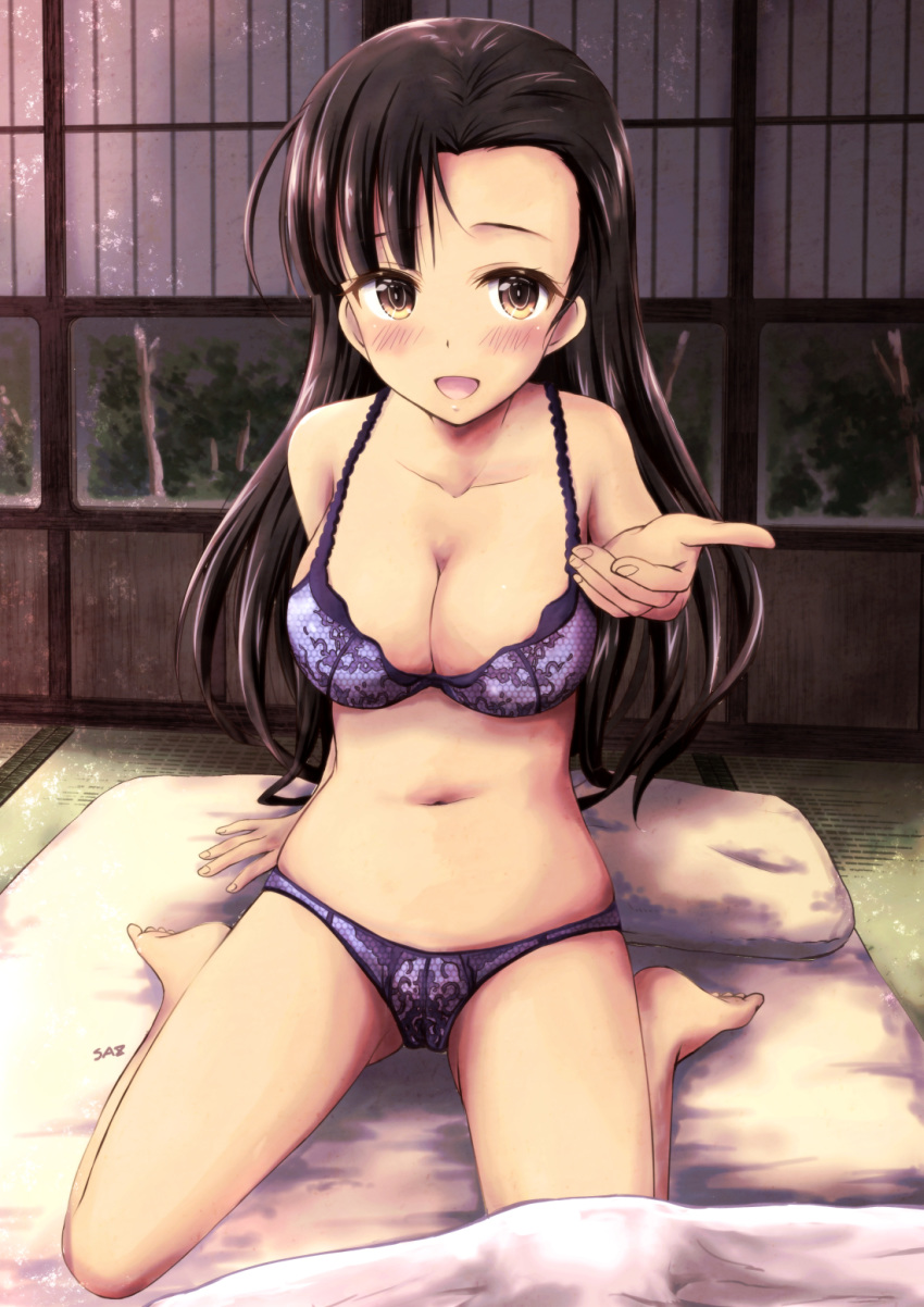 1girl arm_support artist_name asymmetrical_bangs bangs barefoot blush bra breasts brown_eyes brown_hair cleavage commentary_request futon girls_und_panzer highres indoors long_hair looking_at_viewer medium_breasts navel nishi_kinuyo on_bed open_mouth panties pillow purple_bra purple_panties reaching_out saz_(sazin764) signature sitting sliding_doors smile solo tatami underwear underwear_only wariza window