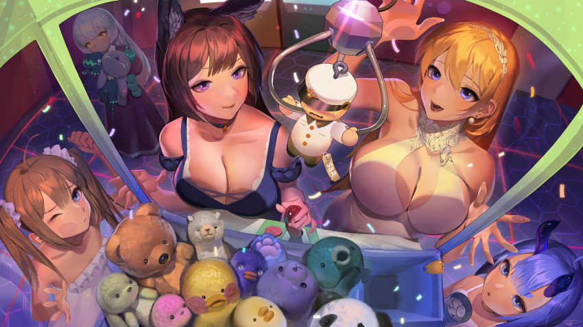 5girls against_glass amagi_(azur_lane) amazon_(azur_lane) animal_ears azur_lane bangs bare_shoulders blonde_hair blue_eyes blue_hair blunt_bangs breast_press breasts breasts_on_glass brown_hair choker cleavage closed_mouth collarbone crane_game damiaodi dress fox_ears frilled_dress frills from_above hair_ornament hair_scrunchie highres holding holding_stuffed_animal horns i-13_(azur_lane) indoors large_breasts long_hair multiple_girls north_carolina_(azur_lane) object_hug official_art open_mouth purple_dress purple_eyes scrunchie silver_hair sleeveless sleeveless_dress smile standing strapless strapless_dress stuffed_alpaca stuffed_animal stuffed_bunny stuffed_dolphin stuffed_duck stuffed_panda stuffed_toy teddy_bear twintails very_long_hair white_dress yellow_eyes z46_(azur_lane)