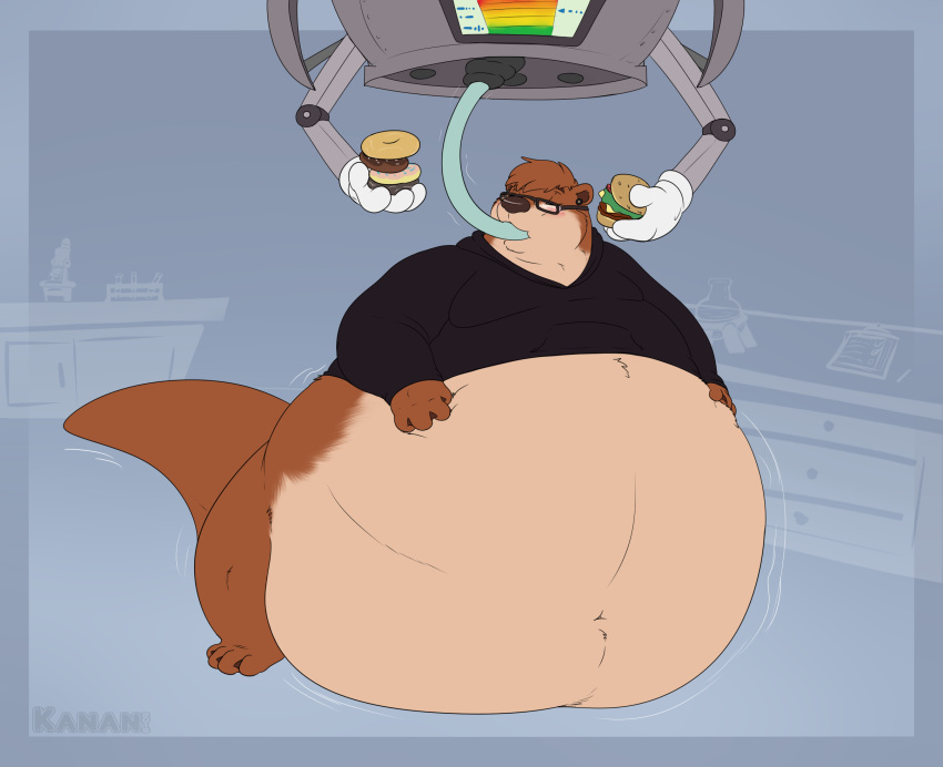 anthro belly belly_jiggle big_belly blush bottomless brown_fur burger clothed clothing doughnut ear_piercing eating eyes_closed eyewear food fur glasses hand_on_stomach hi_res hose hyper hyper_belly inside kanancollie lutrine machine male mammal moobs morbidly_obese mustelid obese obese_male overweight overweight_male piercing solo standing stuffing tan_fur technology