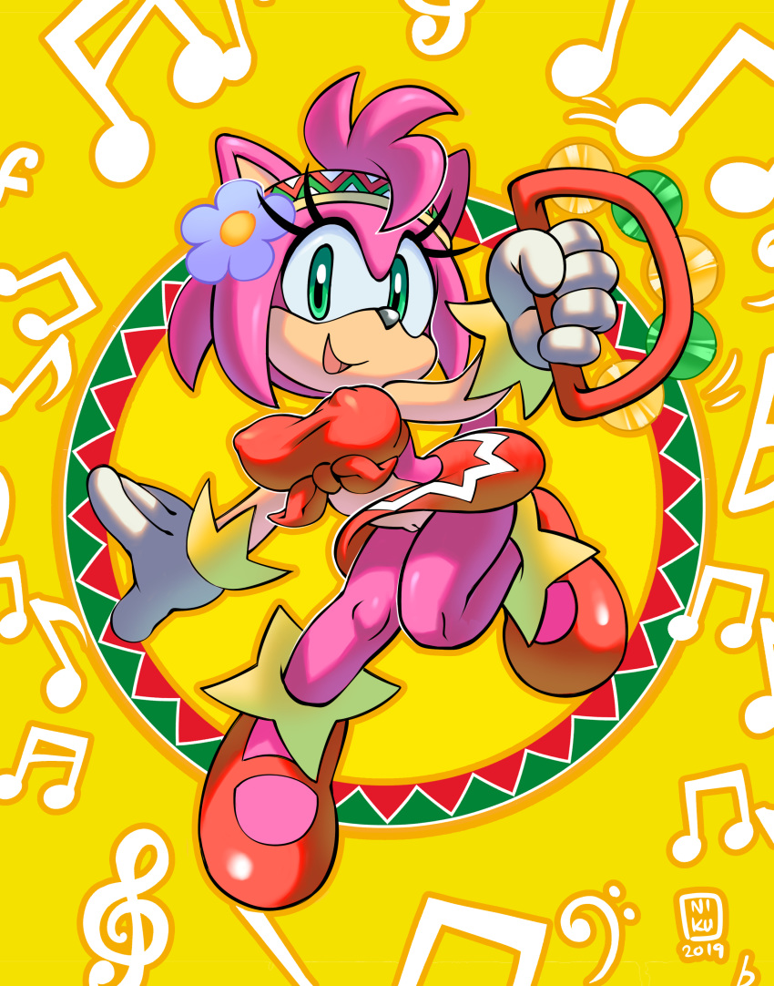 absurdres amy_rose anthro artist_name breasts coolblue crossover dated digital_media_(artwork) exposed_pussy eyelashes female female_focus female_only festive flower flower_in_hair gloves green_eyes hair highres holding holding_instrument instrument looking_at_viewer mexican mexican_dress musical_note nipples_visible_through_clothing pink_fur pink_hair pussy samba_de_amigo sandals sega smile sonic_(series) sonic_team tail vagina