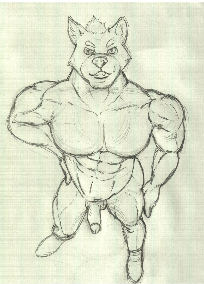 abs absurd_res boots canid canine canis clothing crazy_company footwear hi_res humanoid_penis male mammal muscular nude penis pose simple_background sketch smile solo wolf