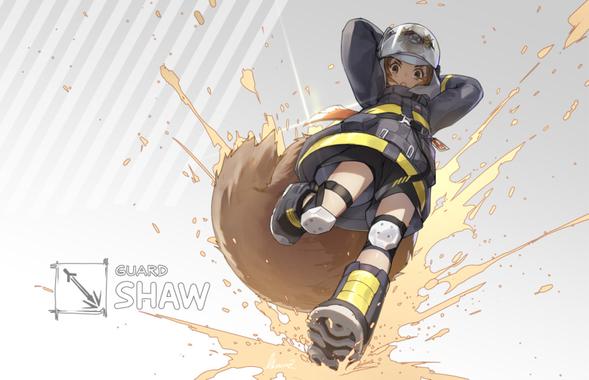 1girl animal_ears_helmet arknights arms_up black_shorts boots brown_eyes brown_hair character_name dutch_angle firefighter from_below full_body helmet jacket knee_pads long_sleeves looking_at_viewer observerz open_mouth shaw_(arknights) short_hair shorts simple_background solo squirrel_tail tail visor white_headwear