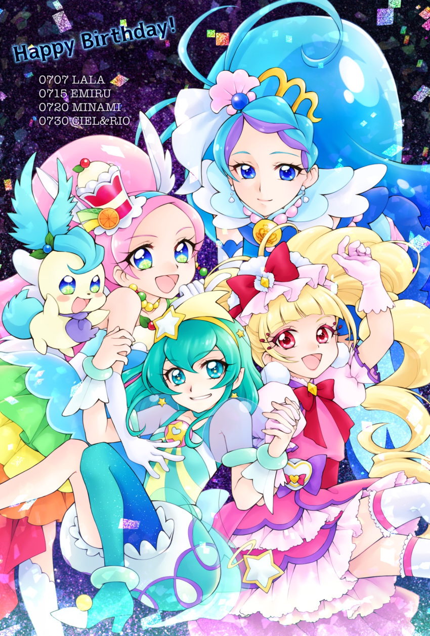 4girls :d abstract_background aisaki_emiru aizen_(syoshiyuki) arm_up blonde_hair blue_eyes blue_footwear blue_hair blue_hairband blue_legwear bow bowtie brooch bubble_skirt character_name closed_mouth creature cure_macherie cure_mermaid cure_milky cure_parfait dress earrings elbow_gloves food_themed_hair_ornament gloves go!_princess_precure green_eyes hagoromo_lala hair_bow hair_ornament hairband happy_birthday highres holding_hands hugtto!_precure jewelry kaidou_minami kirahoshi_ciel kirakira_precure_a_la_mode layered_skirt long_hair looking_at_viewer magical_girl multicolored multicolored_eyes multicolored_hair multiple_girls open_mouth pikario_(precure) pink_dress pink_hair precure puffy_sleeves purple_hair rainbow_order red_bow red_eyes see-through_sleeves shoes short_hair single_leg_pantyhose skirt smile star star_hair_ornament star_twinkle_precure thighhighs twintails two-tone_hair white_gloves white_legwear yellow_hairband