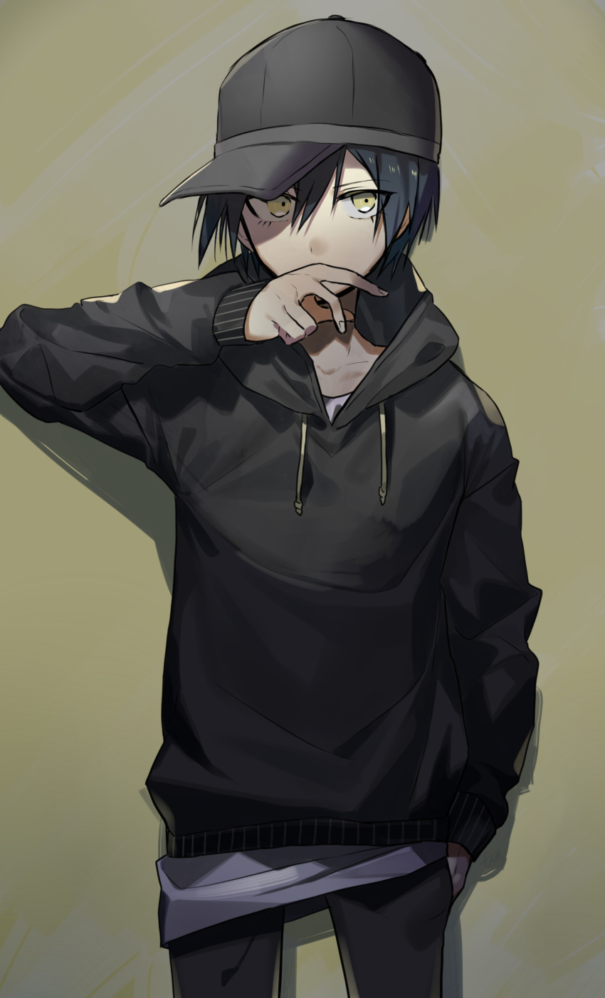 1boy absurdres alternate_costume black_hair black_hait black_hoodie brown_background commentary_request danganronpa eyebrows_visible_through_hair hair_between_eyes hat highres hood hoodie huyuharu0214 long_sleeves male_focus new_danganronpa_v3 saihara_shuuichi shirt short_hair simple_background solo white_shirt yellow_eyes