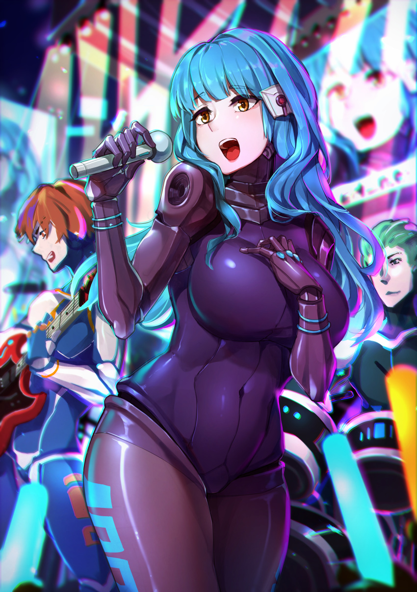 1girl 2boys :d absurdres android aqua_hair blue_hair breasts brown_hair electric_guitar glowstick guitar highres huge_filesize instrument kira_miki long_hair microphone mr.lime multiple_boys navel open_mouth smile teeth va-11_hall-a