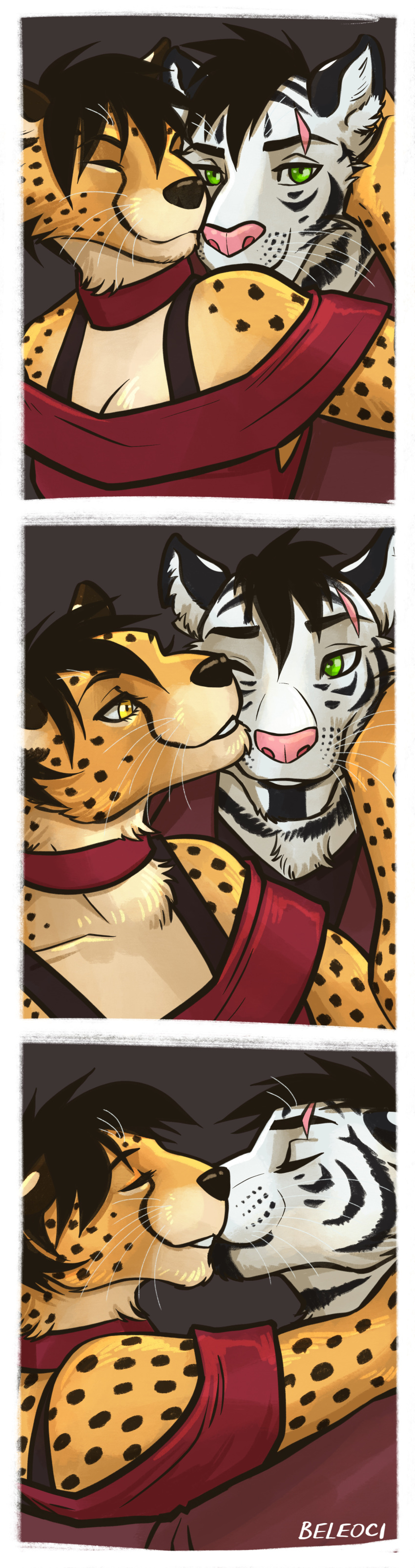 absurd_res ambiguous_gender beleoci cheetah chocker clothed clothing comic edron eva felid feline green_eyes hi_res kissing male mammal pantherine scar stripes tiger whiskers yellow_eyes