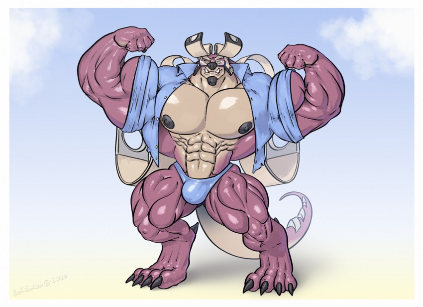 anthro borisalien bulge clothed clothing flexing huge_muscles hybrid looking_at_viewer male muscular muscular_male open_shirt pecs scalie solo standing underwear