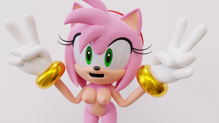 16:9 2019 4k absurd_res amy_rose anthro areola bent_over breasts clothing eulipotyphlan female gesture gloves handwear hedgehog hi_res mammal mostly_nude nipples ps12 simple_background smile solo sonic_(series) standing v_sign