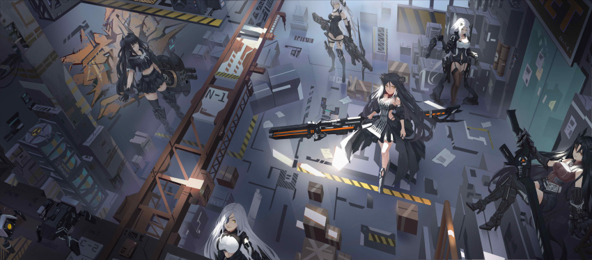 6+girls absurdres alchemist_(girls_frontline) armored_boots armored_gloves belly_peek black_dress black_hair black_leotard black_serafuku boots box cardboard_box closed_eyes crate dinergate_(girls_frontline) dreamer_(girls_frontline) dress elbow_gloves executioner_(girls_frontline) eyepatch gager_(girls_frontline) garter_straps girls_frontline gloves gun hair_ornament hairclip handgun hazard_stripes high_heels highres hunter_(girls_frontline) knee_boots leggings leotard long_hair midriff multiple_girls navel_cutout orange_eyes ouroboros_(girls_frontline) pistol radiation_symbol sangvis_ferri scaffolding school_uniform serafuku smile weapon white_hair wjn-rance yellow_eyes