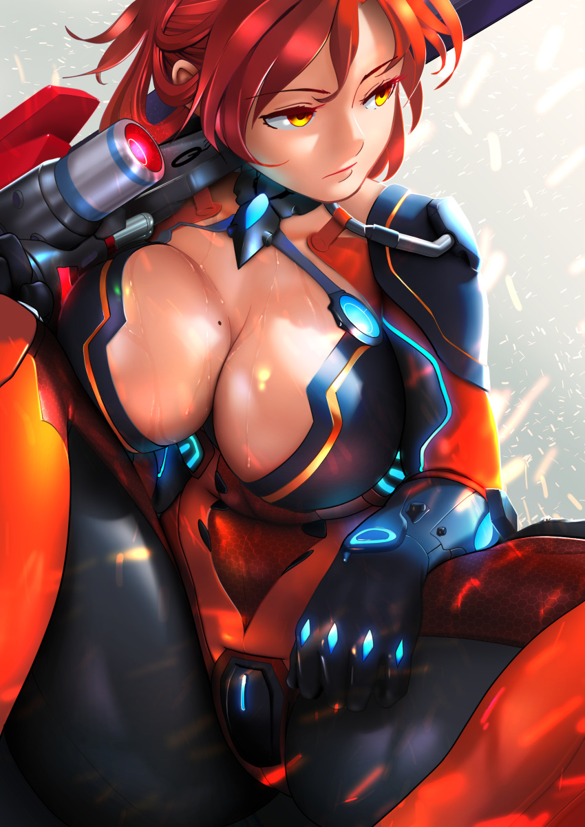161803393_(artist) 1girl bangs blue_eyes bodysuit breasts cleavage cleavage_cutout elbow_gloves eyebrows_visible_through_hair folded_ponytail gloves hair_between_eyes hair_ornament highres holding holding_sword holding_weapon honkai_(series) honkai_impact_3rd large_breasts light_particles long_hair looking_afar mole mole_on_breast murata_himeko murata_himeko_(scarlet_fusion) red_hair sitting skin_tight solo sweat sword weapon