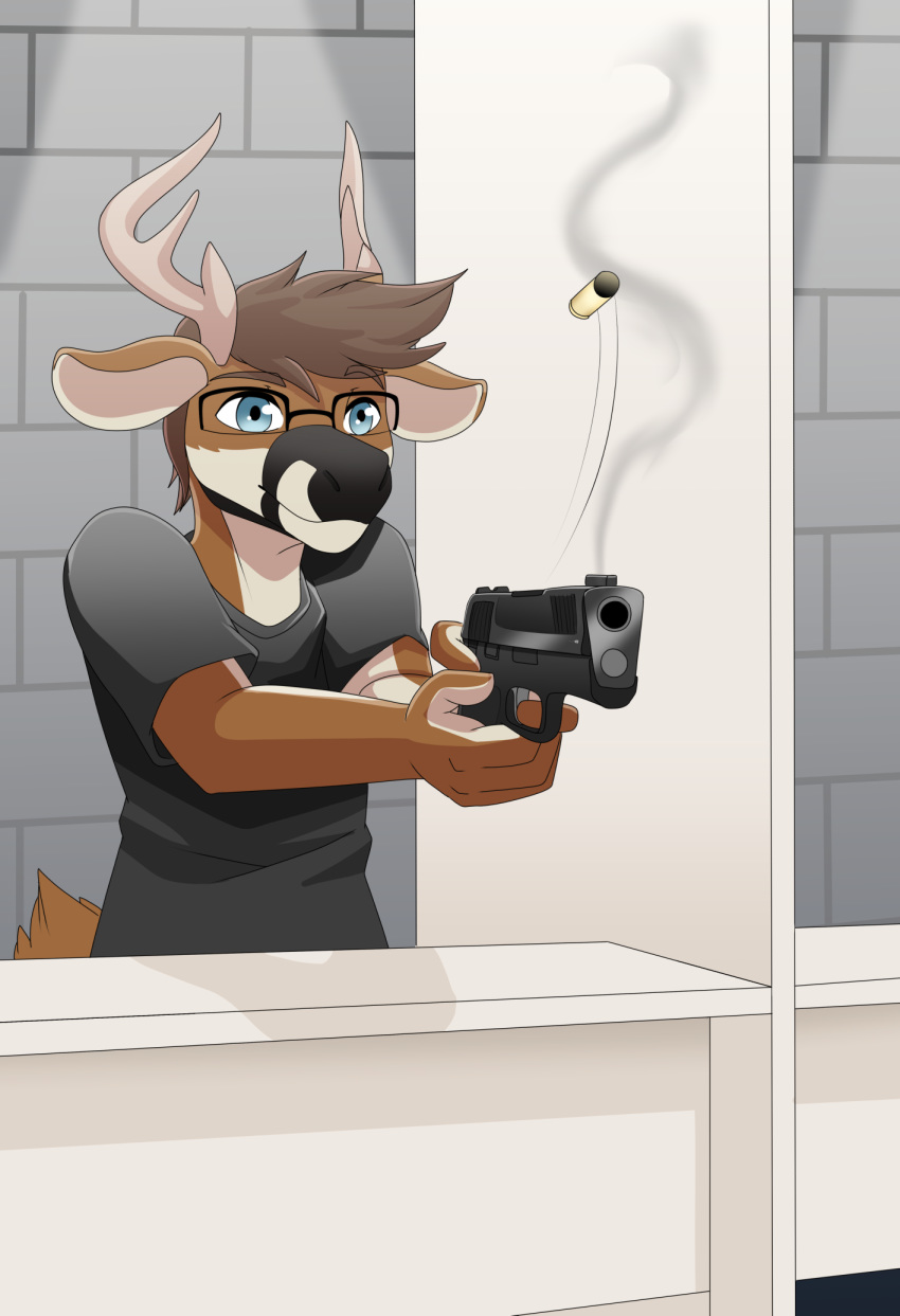 antlers blue_eyes brown_hair cervid cervine eyewear glasses gun hair hi_res horn iabelle male mammal matthew_hirsch ranged_weapon shooting smile smoke solo weapon