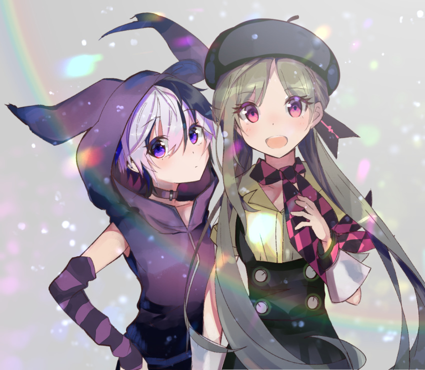 2girls arm_warmers beret blush checkered checkered_scarf collar collarbone expressionless flower_(vocaloid) green_hair hand_on_hip hat holding_scarf hood hoodie jacket lens_flare long_hair looking_at_viewer multicolored_hair multiple_girls note55885 open_mouth pink_eyes purple_eyes purple_hair purple_jacket rainbow scarf shirt short_hair sleeveless_jacket smile streaked_hair suspenders upper_body v_flower_(vocaloid4) vocaloid white_hair xin_hua xin_hua_(vocaloid4) yellow_shirt