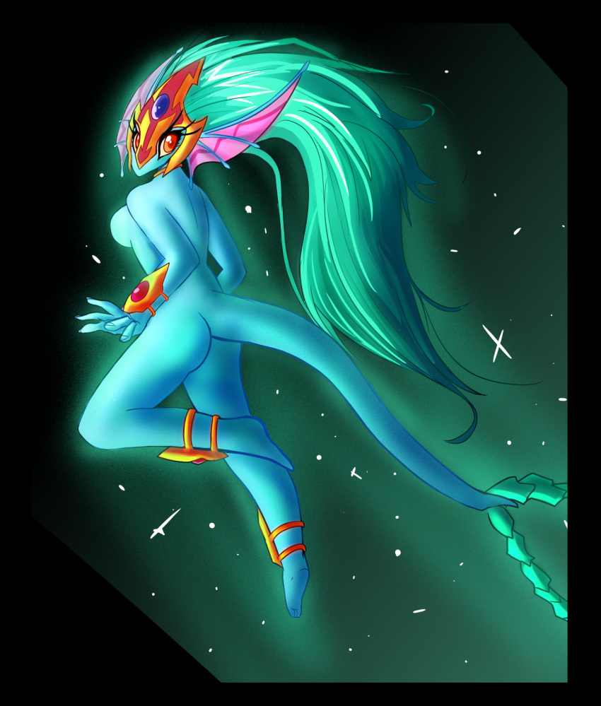 2018 ancient_fairy_dragon anthro blue_skin breasts butt digital_media_(artwork) dragon eyelashes female flying green_background green_hair hair hi_res inget konami long_eyelashes long_hair nude orange_eyes scalie simple_background solo yu-gi-oh