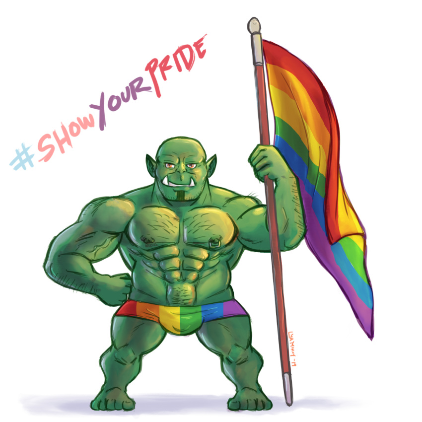 1:1 2019 alexyorim barazoku body_hair bulge chibi fan_character flag grin hashtag hi_res humanoid lgbt_pride looking_at_viewer nipple_piercing nipple_ring nipples orc piercing pride_colors pride_underwear rainbow rainbow_flag rainbow_flag_(pride) rainbow_symbol smile