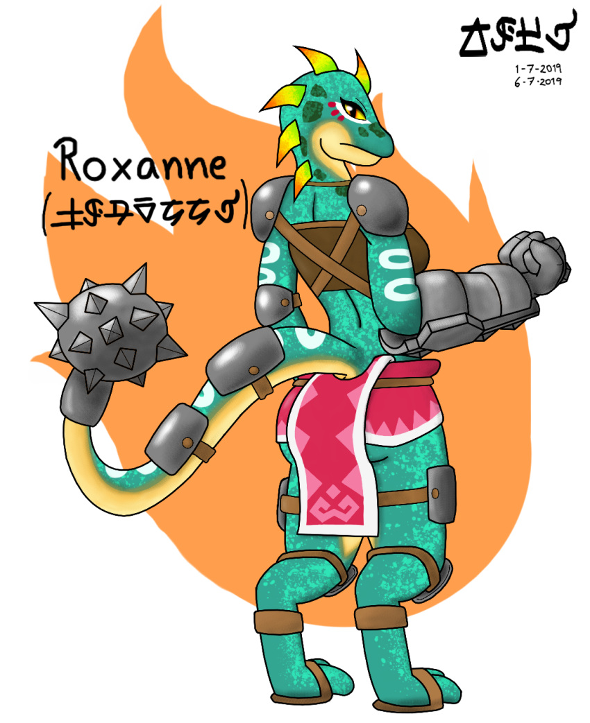 2019 4_fingers anthro biped breasts clothed clothing digital_drawing_(artwork) digital_media_(artwork) female fingers green_scales hi_res jose-497 lizalfos lizard looking_at_viewer nintendo non-mammal_breasts reptile roxanne_(jose-497) scales scalie skyward_sword solo the_legend_of_zelda video_games yellow_eyes