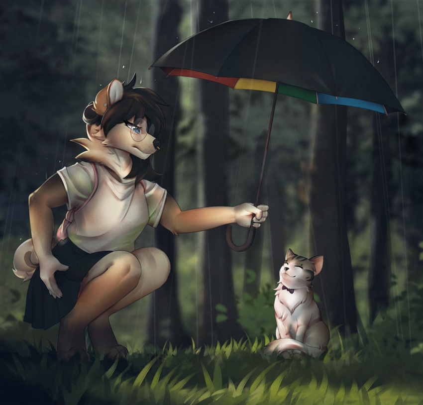 2019 anthro canid canine clothed clothing day detailed_background digital_media_(artwork) domestic_cat duo eyewear felid feline felis female feral forest fox fur glasses grass grey_fur hazelmere hi_res mammal outside raining tree