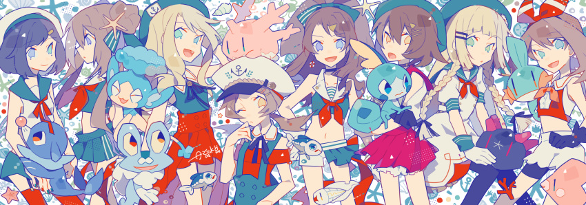 6+girls alternate_costume auko bangs bare_shoulders black_gloves black_hair black_legwear blonde_hair bloomers blue_eyes blue_nails blue_ribbon blue_sailor_collar blue_skirt bob_cut bolo_tie braid brown_hair choker corsola crop_top detached_collar double_bun dress earrings female_protagonist_(pokemon_swsh) froakie garter_straps gen_2_pokemon gen_3_pokemon gen_5_pokemon gen_6_pokemon gen_7_pokemon gen_8_pokemon gloves green_eyes hair_ornament hair_ribbon hairclip hairpin haruka_(pokemon) hat heterochromia high-waist_skirt high_ponytail highres jewelry kotone_(pokemon) legwear_under_shorts lillie_(pokemon) long_hair luvdisc mei_(pokemon) midriff miniskirt mizuki_(pokemon) mudkip multiple_girls nail_polish navel neckerchief no_hat no_headwear one_eye_closed open_mouth orange_eyes overskirt panpour pantyhose pleated_skirt pokemon pokemon_(creature) pokemon_(game) pokemon_bw pokemon_bw2 pokemon_hgss pokemon_oras pokemon_sm pokemon_swsh pokemon_xy popplio puffy_short_sleeves puffy_sleeves pyukumuku red_nails red_ribbon red_skirt ribbon sailor_collar sailor_dress sailor_hat serena_(pokemon) shirt short_hair short_shorts short_sleeves shorts sidelocks skirt sleeveless sleeveless_shirt smile sobble swept_bangs thighhighs touko_(pokemon) twin_braids twintails tynamo underwear very_long_hair white_bloomers white_gloves white_shorts wishiwashi