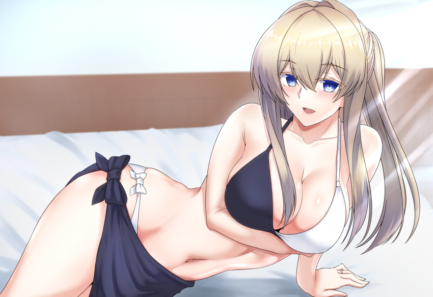 1girl arm_support bed bikini black_sarong blonde_hair blue_eyes breasts carmine_(ucdio) cleavage collarbone commentary_request cowboy_shot eyebrows_visible_through_hair graf_zeppelin_(kantai_collection) highres jewelry kantai_collection large_breasts looking_at_viewer lying navel on_side ring sarong side-tie_bikini sidelocks smile solo swimsuit twintails two-tone_bikini wedding_band
