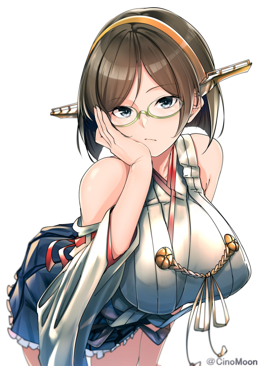 1girl adjusting_eyewear black_hair black_skirt boots breasts cowboy_shot detached_sleeves frilled_skirt frills frown glasses green-framed_eyewear hairband headgear highres japanese_clothes kantai_collection kirishima_(kantai_collection) large_breasts leaning_forward looking_at_viewer ribbon-trimmed_sleeves ribbon_trim short_hair simple_background skirt solo standing tatsu_shinomu thigh_boots thighhighs twitter_username white_background