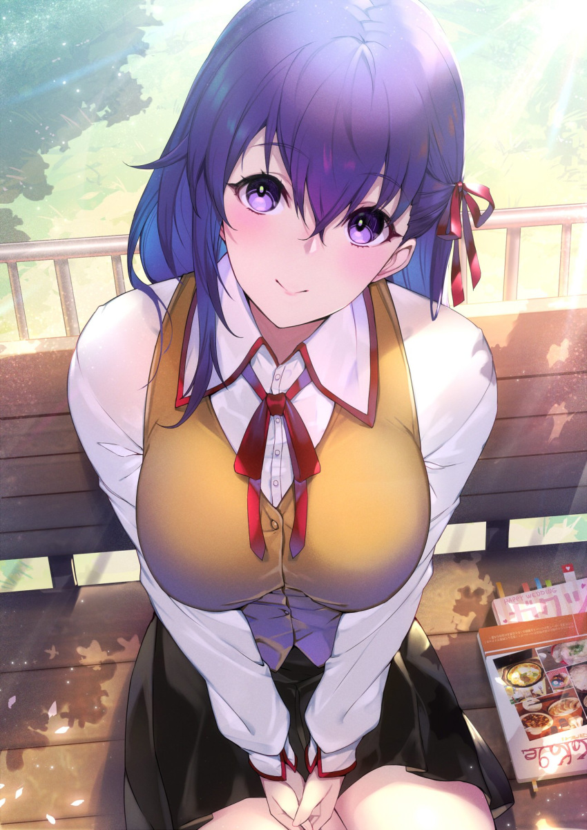 1girl bangs bench black_skirt blush breasts brown_vest closed_mouth fate/stay_night fate_(series) hair_between_eyes hair_ribbon highres homurahara_academy_uniform kakage large_breasts long_hair long_sleeves looking_at_viewer matou_sakura neck_ribbon purple_eyes purple_hair red_ribbon ribbon school_uniform shirt sitting skirt smile solo sunlight thighs vest white_shirt