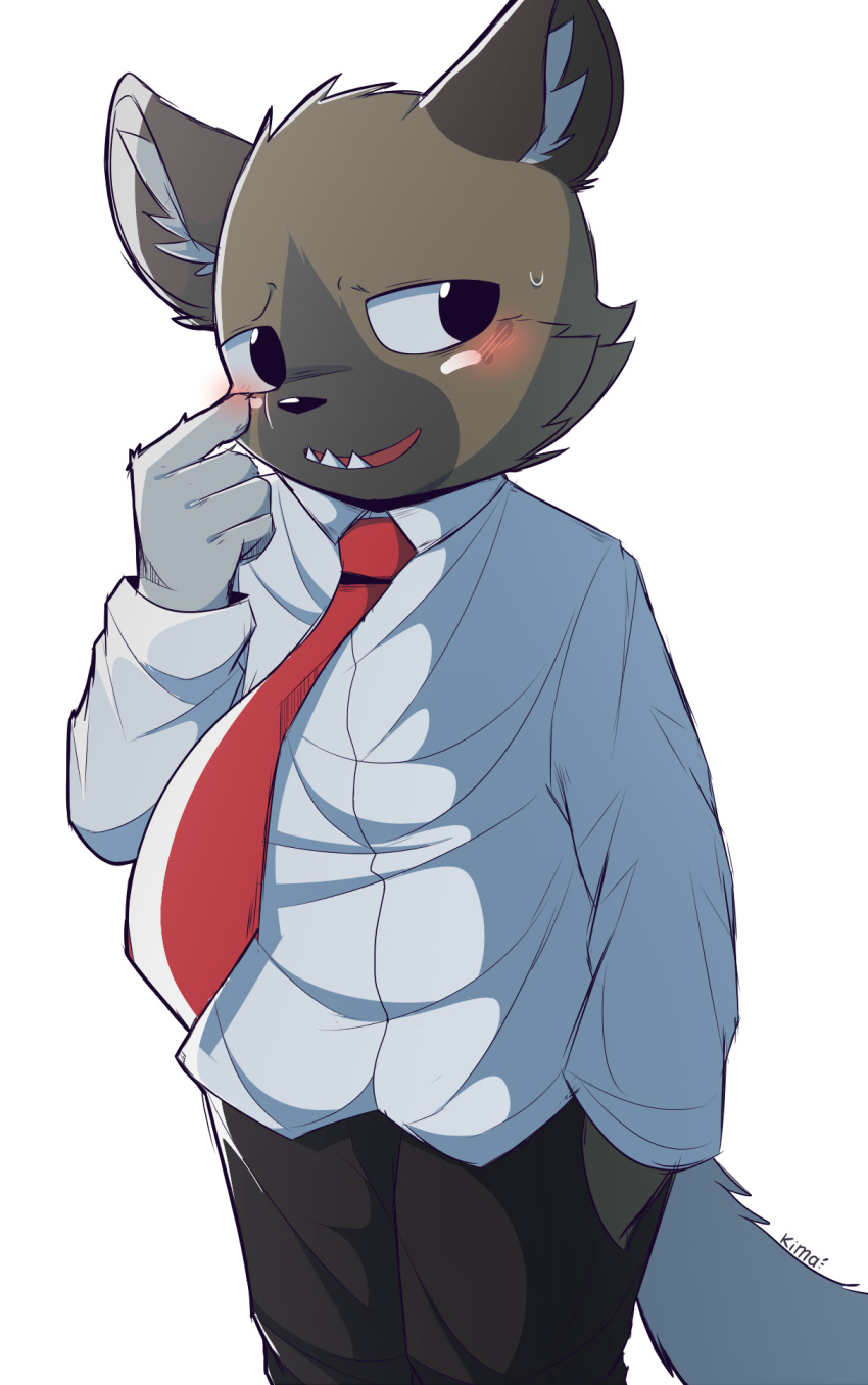 aggressive_retsuko anthro blush brown_fur clothed clothing fully_clothed fur haida hi_res hyaenid kimacats looking_aside male mammal necktie sanrio signature simple_background solo spotted_hyena teeth white_background