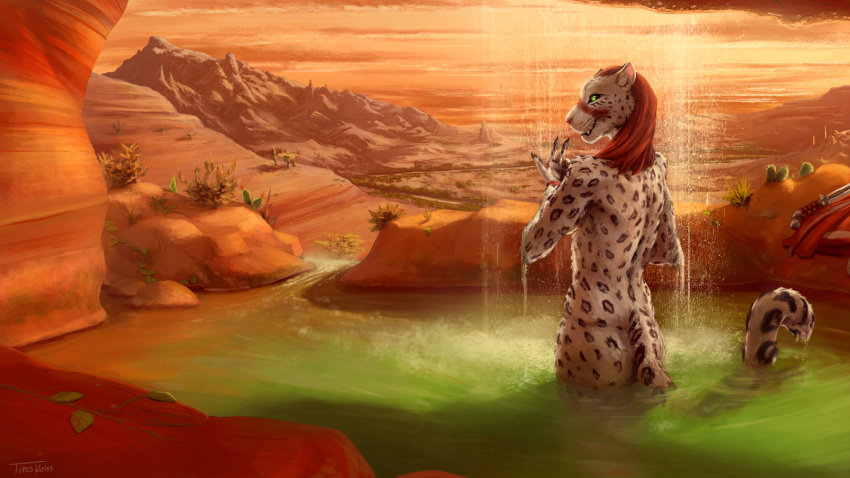 16:9 2019 anthro brown_hair day detailed_background digital_media_(artwork) felid fur green_eyes hair hi_res mammal nude outside pantherine partially_submerged smile snow_leopard solo spots spotted_fur standing titusw