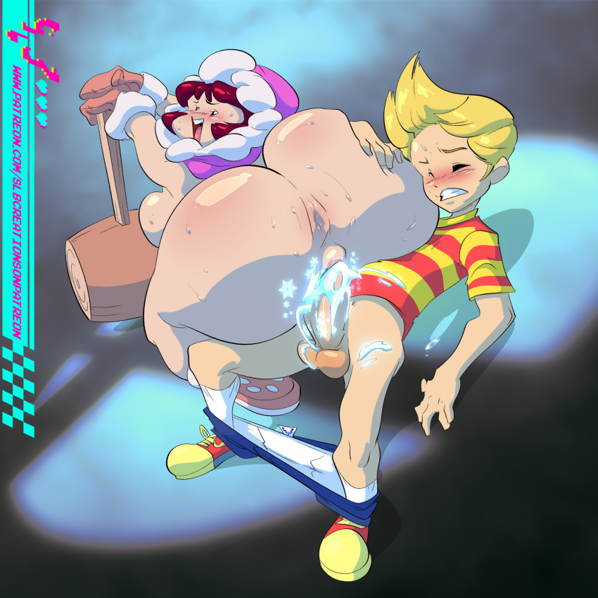 1boy 1girl anus ass ass_grab big_ass big_breasts big_butt blonde_hair blush bottomless breasts butt clenched_teeth crossover cum cum_drip cum_in_pussy cum_inside cum_splatter digital_media_(artwork) earthbound ejaculation female gloves hair hammer hood human ice ice_climber looking_back looking_pleasured lucas male male/female mother_3 nana_(ice_climber) nintendo no_panties on_back one_eye_closed open_mouth pants pants_down penetration penis pussy sex shoes sideboob slb smile snowflakes socks straight striped striped_shirt super_smash_bros. sweat teeth testicles vagina vaginal vaginal_penetration