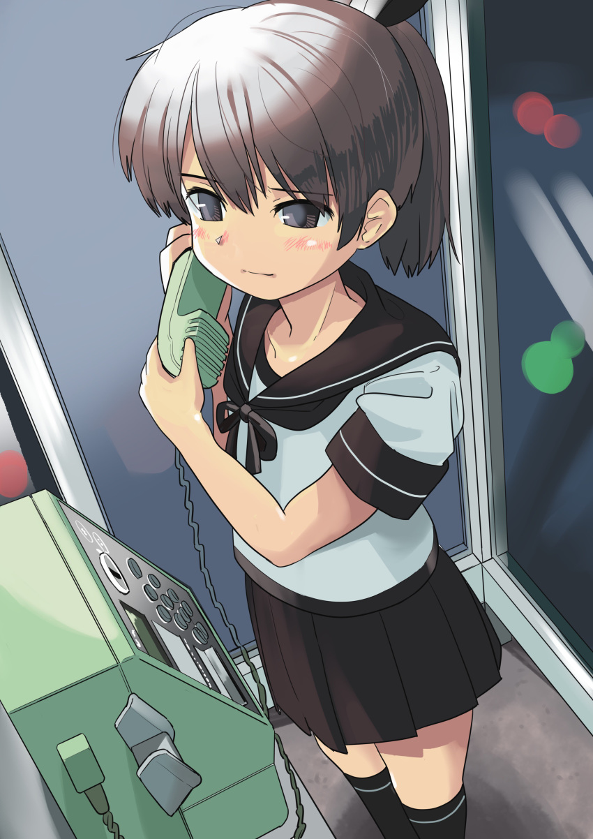 1girl absurdres black_legwear brown_hair brown_sailor_collar brown_skirt commentary_request feet_out_of_frame haida_katsuretsu hair_ribbon highres holding holding_phone indoors kantai_collection kneehighs payphone phone phone_booth pleated_skirt ponytail ribbon sailor_collar school_uniform serafuku shikinami_(kantai_collection) short_hair short_ponytail skirt solo standing