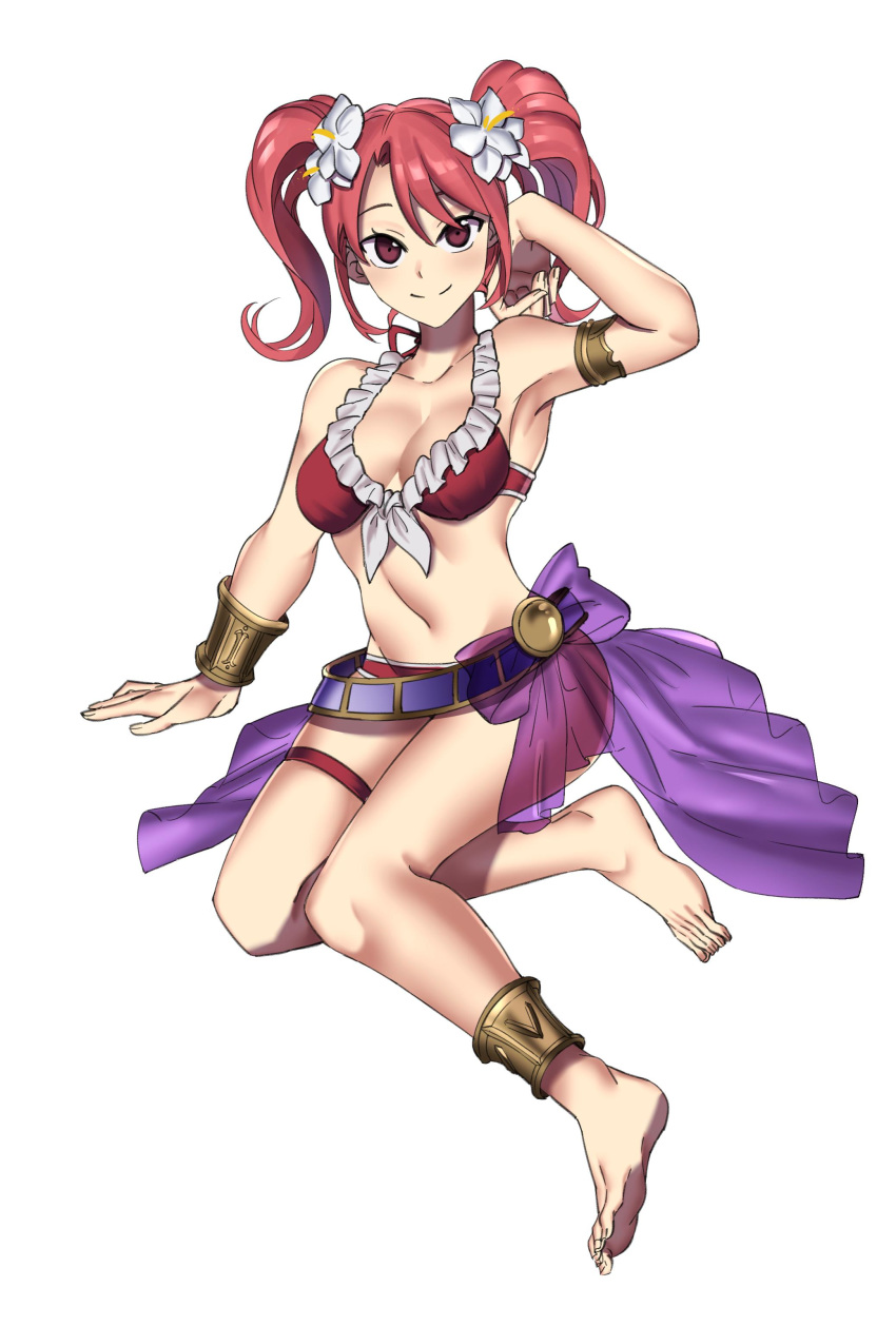 1girl absurdres anklet armlet bikini breasts cleavage closed_mouth ebinku fire_emblem fire_emblem_echoes:_shadows_of_valentia flower full_body hair_flower hair_ornament highres jewelry long_hair mae_(fire_emblem) pink_eyes pink_hair sarong simple_background smile solo swimsuit thigh_strap twintails white_background