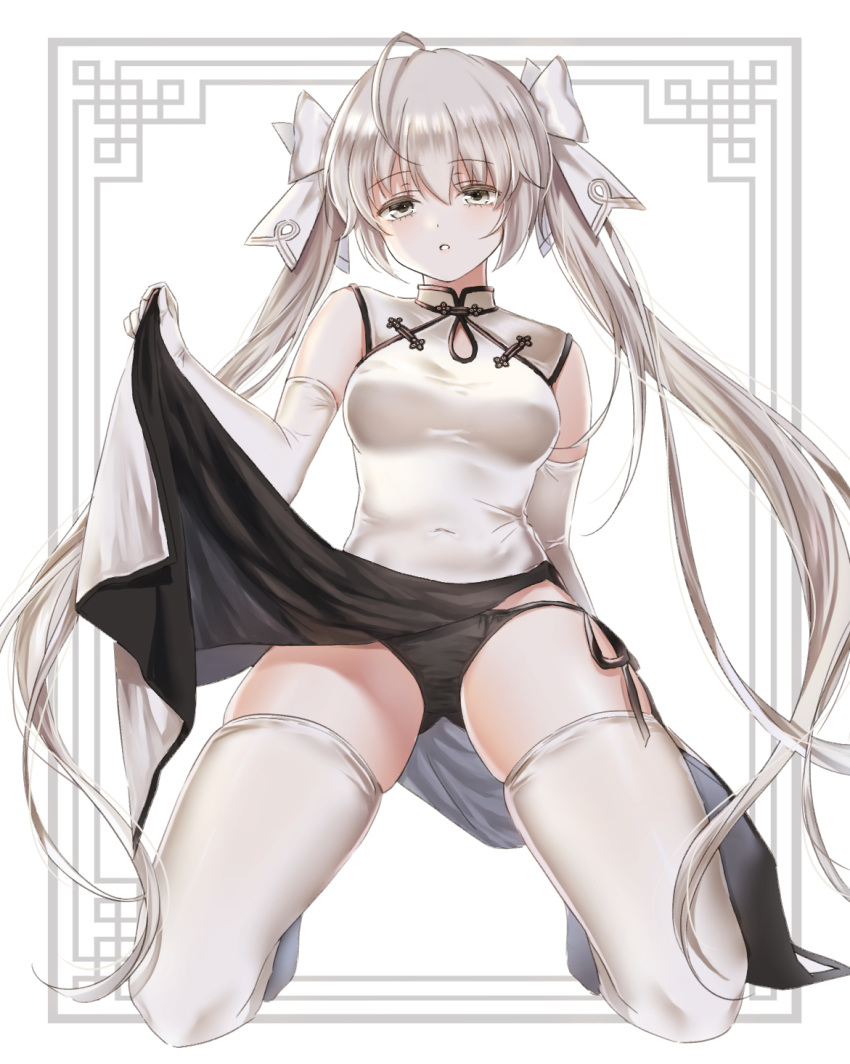 1girl bare_shoulders black_panties breasts china_dress chinese_clothes clothes_lift commentary dress dress_lift elbow_gloves full_body gloves grey_eyes grey_hair hair_ribbon highres kasugano_sora kneeling lemode lifting_own_clothes long_hair medium_breasts panties parted_lips ribbon side-tie_panties skindentation solo spread_legs thighhighs thighs twintails underwear very_long_hair white_dress white_ribbon white_thighhighs yosuga_no_sora