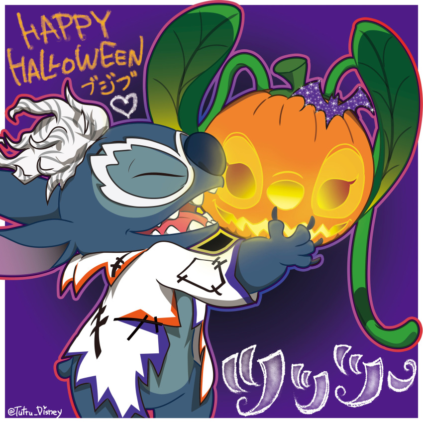 1:1 2016 4_fingers absurd_res alien angel_(lilo_and_stitch) blue_body blue_claws blue_nose border claws clothing costume disney english_text experiment_(lilo_and_stitch) eyes_closed fingers food fruit glowing gradient_background halloween hi_res holding_object holiday_message holidays jack-o'-lantern japanese_text lilo_and_stitch open_mouth open_smile outline outside_border plant pumpkin purple_background simple_background small_tail smile solo stitch_(lilo_and_stitch) text tuttu_disney white_border wig
