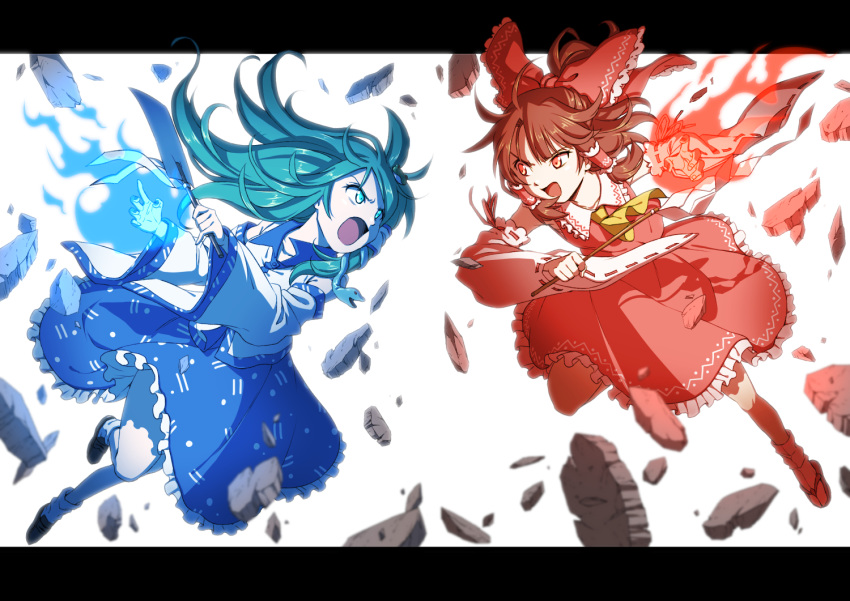 2girls arms_up battle black_footwear blue_skirt bow burning_hand commentary_request cravat debris detached_sleeves eye_contact folded_leg frilled_skirt frills frog_hair_ornament gohei green_eyes green_hair hair_blowing hair_bow hair_ornament hair_tubes hakurei_reimu inuno_rakugaki kochiya_sanae letterboxed limited_palette loafers long_hair looking_at_another multiple_girls oonusa open_mouth ponytail red_eyes red_footwear red_hair ribbon-trimmed_sleeves ribbon_trim sandals serious shirt shoes short_hair simple_background skirt snake_hair_ornament touhou very_long_hair white_background white_legwear white_shirt yellow_neckwear