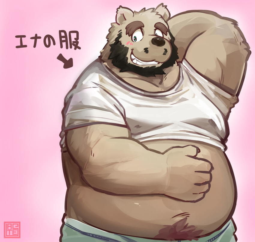 2019 anthro belly blush brown_fur clothing fur hi_res humanoid_hands japanese_text lates312 love_mechanic male mammal moobs navel overweight overweight_male pink_background shirt simple_background solo teeth text tom_(lm) topwear underwear ursid