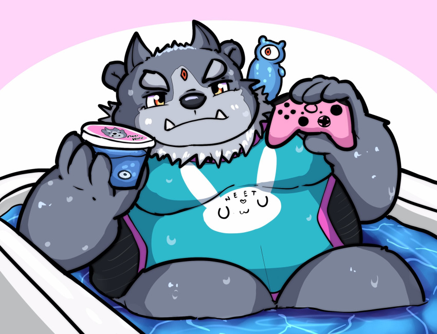 2019 anthro bathing belly cute_fangs hi_res kusosensei male moobs overweight overweight_male sitting tokyo_afterschool_summoners tsathoggua video_games water