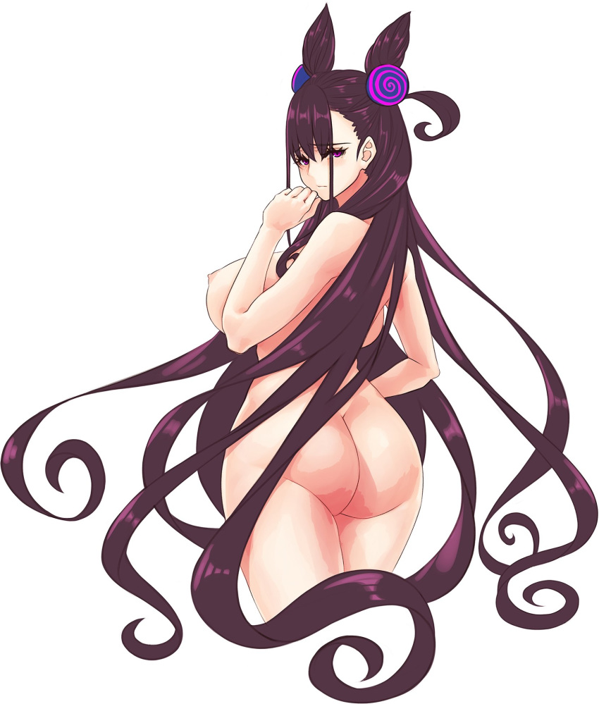 1girl ass back bangs blush breasts closed_mouth double_bun fate/grand_order fate_(series) hair_between_eyes hair_ornament hayama_kazusa highres large_breasts long_hair looking_at_viewer looking_back murasaki_shikibu_(fate) nipples nude purple_eyes simple_background solo thighs two_side_up very_long_hair