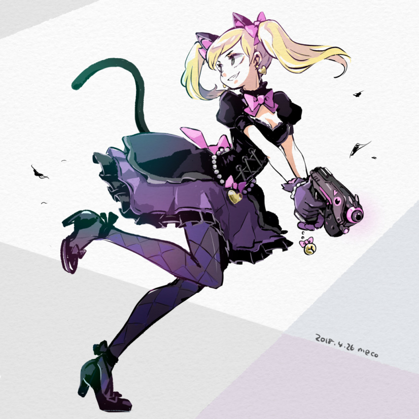 1girl alternate_costume animal_ears ankle_ribbon argyle argyle_legwear beads black_cat_d.va black_dress black_eyes black_footwear black_gloves blonde_hair bodice bow breasts cat_ears cat_tail charm_(object) cleavage d.va_(overwatch) dated dress earrings finger_on_trigger frilled_skirt frills full_body gloves grey_background grin gun hair_bow handgun heart heart_earrings high_heels holding holding_gun holding_weapon jewelry looking_back meco medium_breasts overwatch pantyhose pink_bow pistol puffy_short_sleeves puffy_sleeves purple_legwear ribbon running short_sleeves simple_background sketch skirt smile solo tail twintails weapon white_background