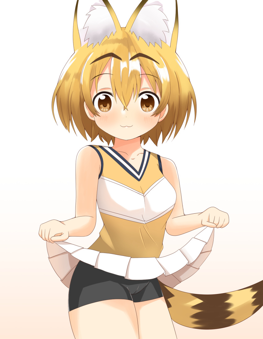 1girl :3 animal_ear_fluff animal_ears bangs bare_arms bare_shoulders bike_shorts black_shorts blonde_hair blush breasts brown_background brown_eyes brown_shirt cameltoe closed_mouth collarbone commentary_request cowboy_shot eyebrows_visible_through_hair gradient gradient_background hair_between_eyes highres kemono_friends lifted_by_self looking_at_viewer pleated_skirt serval_(kemono_friends) serval_ears serval_tail shin01571 shirt short_shorts shorts skirt skirt_lift sleeveless sleeveless_shirt small_breasts solo striped_tail tail white_background white_skirt