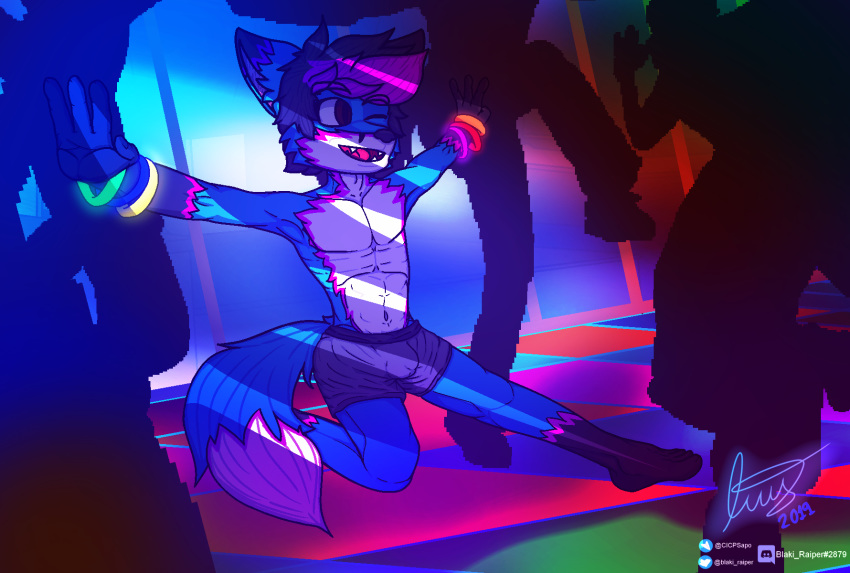 2019 4_fingers 4_toes anthro black_hair black_nose blaki_daniel_raiper_virod_(blaki_raiper) blaki_raiper blue_fur bracelet canid canine clothing cub dancing detailed detailed_background digital_media_(artwork) eyebrows feet fingers fox fur hair happy hi_res jewelry mammal multicolored_fur open_mouth open_smile pink_fur pink_hair pixel_(artwork) raised_arm rave signature smile solo solo_focus teenager telegram toes twitter underwear white_fur young