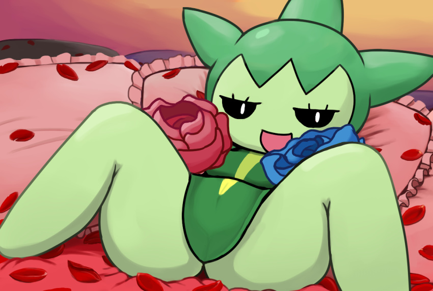 bed breasts butt camletoe female flower green_skin looking_at_viewer lying mochi-bun nintendo not_furry open_mouth pillow plant pok&eacute;mon pok&eacute;mon_(species) rose_(disambiguation) roselia solo video_games