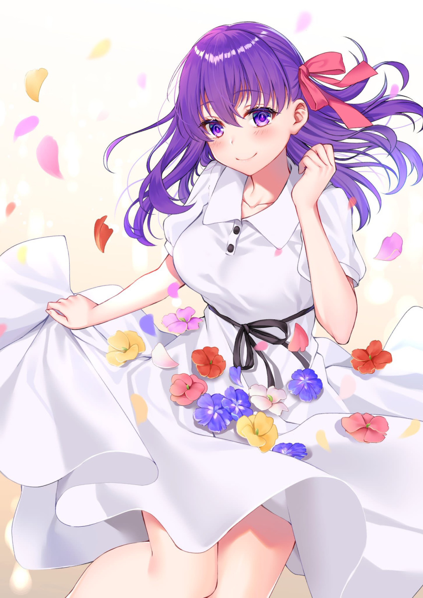 1girl black_ribbon blush breasts collared_dress commentary_request dress fate/stay_night fate_(series) flower hair_ribbon heaven's_feel highres hizuki_higure long_hair looking_at_viewer matou_sakura medium_breasts petals purple_eyes purple_hair rei_no_himo ribbon simple_background skirt_basket skirt_hold smile solo white_dress