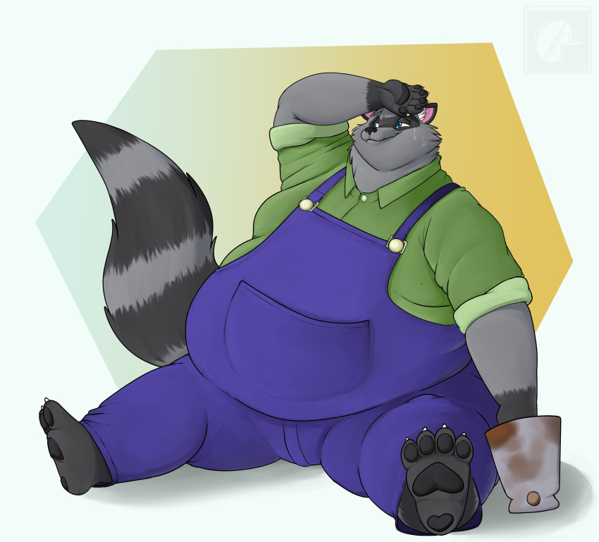 absurd_res anthro barefoot belly big_belly bodily_fluids claws clothed clothing dralffeine facial_markings farmer fur grey_fur hand_on_head head_markings hi_res hoe holding_object holding_tool male mammal markings mask_(marking) moobs obese obese_male overalls overweight overweight_male procyonid raccoon ringtail sitting smile solo sweat sweatdrop thick_thighs toe_claws tools