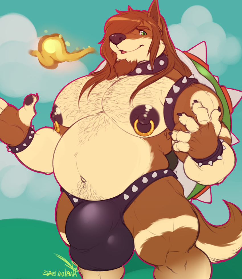 2019 anthro big_bulge body_hair bowser bulge canid canine chest_hair clothing collar cosplay facial_hair goatee hi_res looking_at_viewer male mammal mario_bros marlon.cores musclegut muscular muscular_male nintendo nipple_piercing nipples pecs piercing smile solo standing underwear video_games