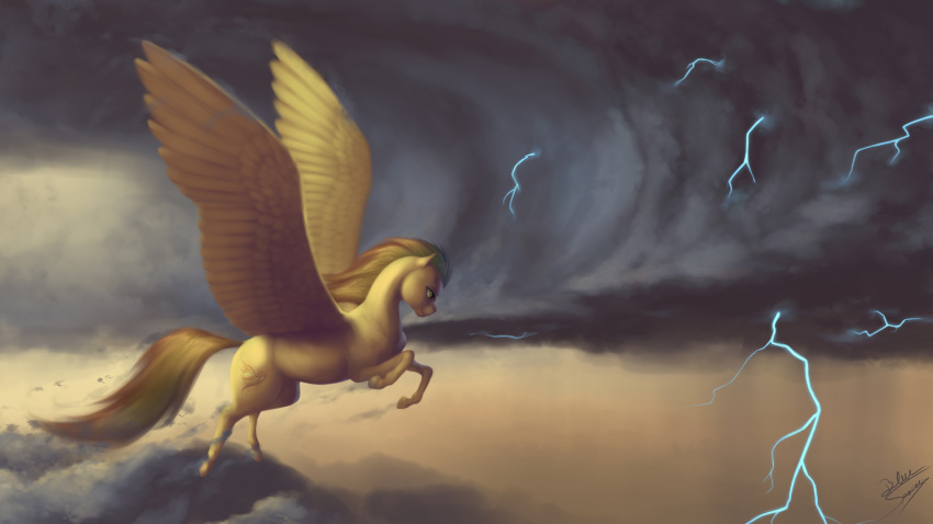 2019 absurd_res ambiguous_gender bluespaceling cutie_mark digital_media_(artwork) equid equine feathered_wings feathers feral friendship_is_magic hi_res lightning mammal my_little_pony outside pterippus signature solo spitfire_(mlp) wings wonderbolts_(mlp)