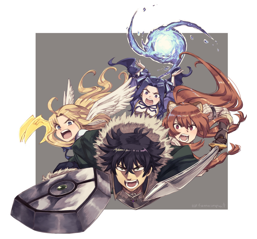 1boy 3girls animal_ears attack attacking_viewer black_gloves black_hair blonde_hair blue_eyes breastplate brown_hair dress feathered_wings firo_(tate_no_yuusha_no_nariagari) fumafu gloves green_eyes highres iwatani_naofumi long_hair magic melty_q_melromarc multiple_girls purple_dress purple_eyes purple_hair raccoon_ears raccoon_girl raphtalia screaming shield sword tate_no_yuusha_no_nariagari twintails water weapon wings