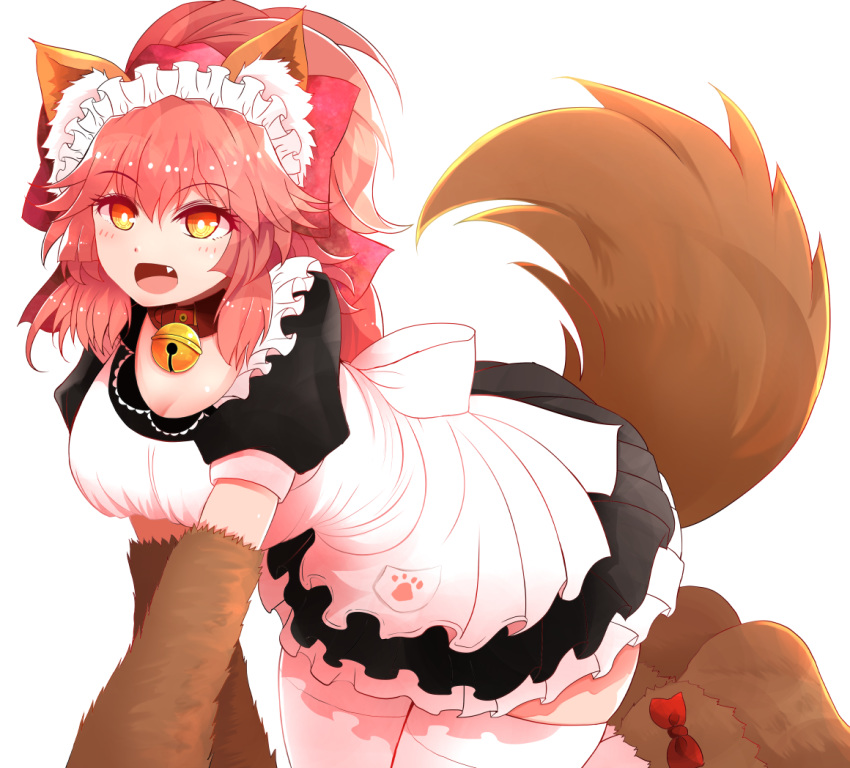 1girl :d animal_ear_fluff animal_ears apron arano_oki bangs bell bell_collar blush bow breasts brown_footwear brown_gloves cleavage collar commentary_request dress eyebrows_visible_through_hair fang fate/grand_order fate_(series) fox_ears fox_girl fox_tail frilled_dress frills gloves hair_between_eyes hair_bow high_ponytail jingle_bell large_breasts looking_at_viewer maid maid_headdress open_mouth paw_gloves paw_shoes paws pink_hair pleated_dress ponytail puffy_short_sleeves puffy_sleeves red_bow red_collar red_eyes shoes short_sleeves simple_background smile solo tail tail_raised tamamo_(fate)_(all) tamamo_cat_(fate) white_apron white_background